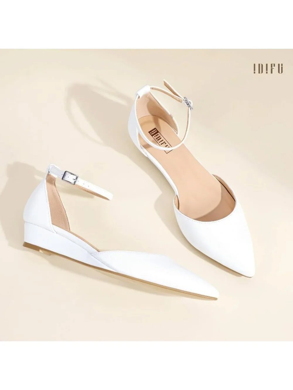 Women's White PU Low Wedge Flats Closed Pointed Toe Adjustable Ankle Strap Shoes